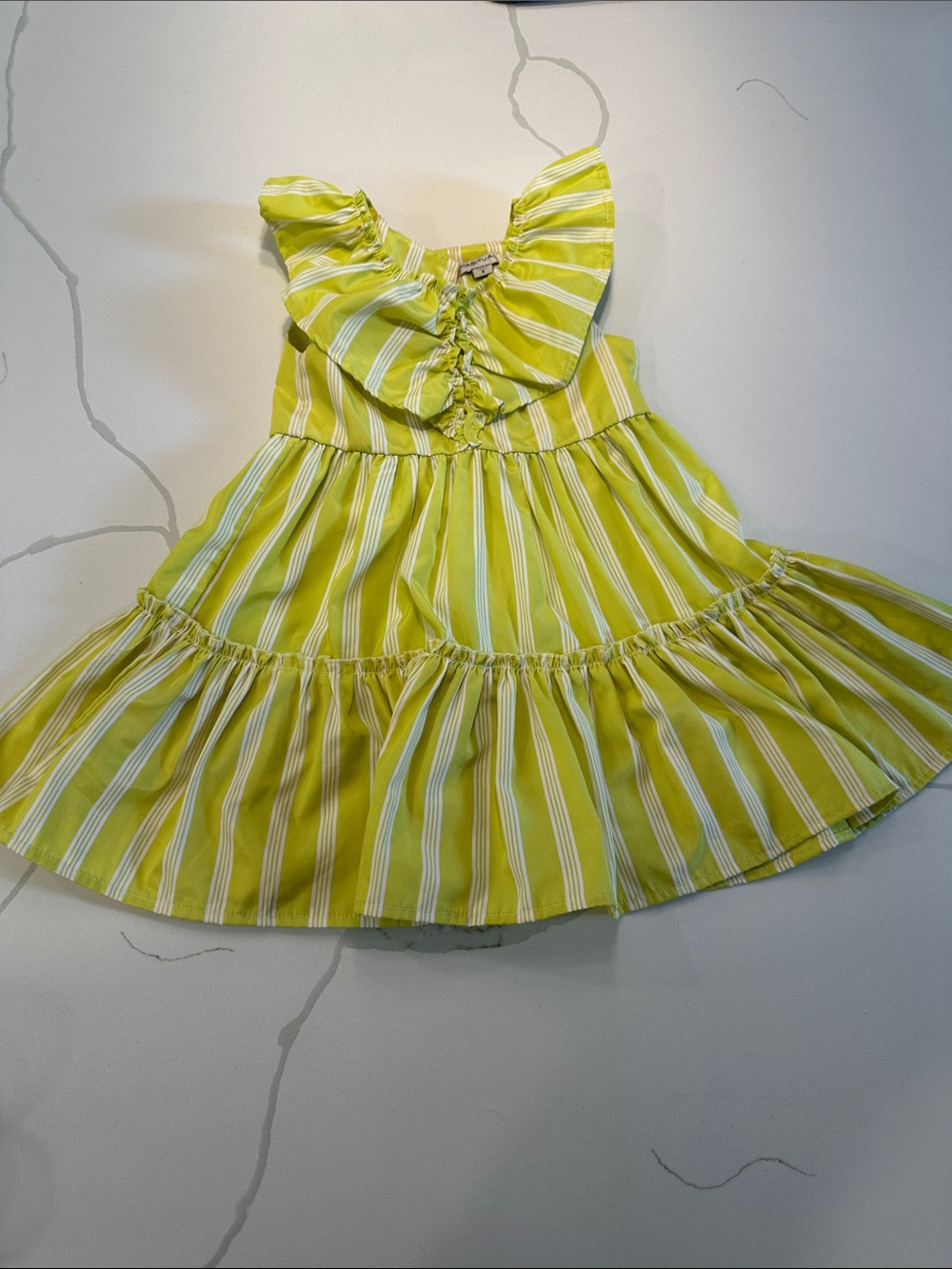 Habitual girls yellow green white stripe tiered flutter sleeve dress size 4 💛💚